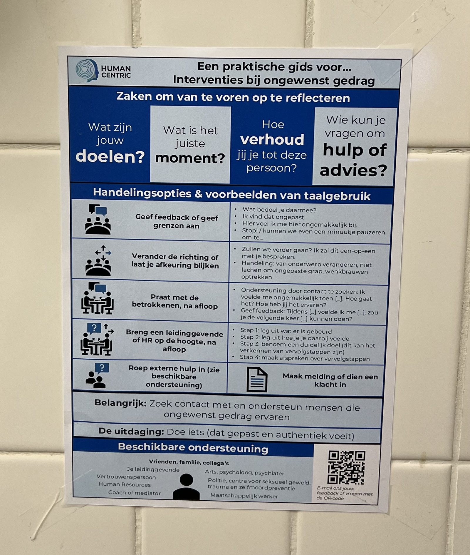 Een Human Centric hand-out met titel ‘Een praktische gids voor interventies bij ongewenst gedrag’ opgehangen op een tegelwand